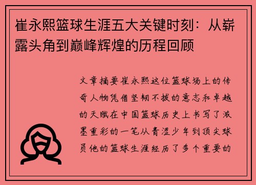 崔永熙篮球生涯五大关键时刻：从崭露头角到巅峰辉煌的历程回顾