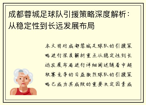 成都蓉城足球队引援策略深度解析：从稳定性到长远发展布局